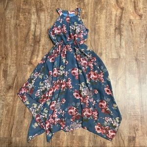 Spring Dusty Deep Blue Floral Dress- Chenault Girl